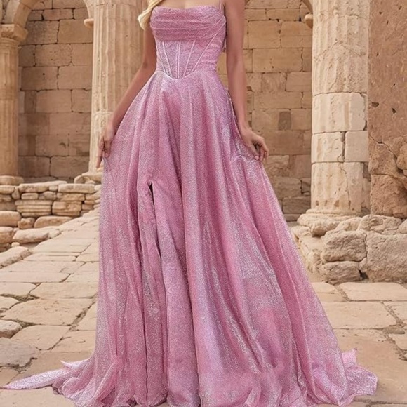 Dresses & Skirts - Sparkly Ruched A Line Spaghetti Strap - Formal Dress - Pink